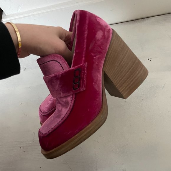 MARNI Pink Velvet Moccasin Loafers Chunky Block High Heels Sz 37 - Picture 7 of 10
